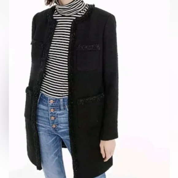 J Crew Lady Coat Black Tweed Wool Fringe Trim size 2 NWOT - Picture 1 of 10